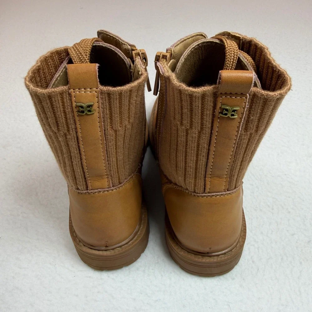 Sam Edelman Kids Tan Leather Ribbed Knit Combat Boots Side Zip Lug Sole Size 4